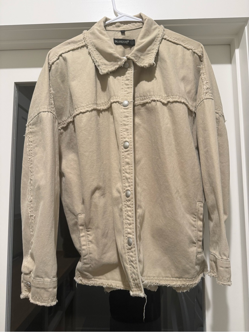 Beige Frayed Denim Jacket - Blanknyc